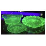 (3) VASELINE URANIUM GLASS DISHES, TRINKET DISH, &