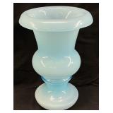 1948 FENTON BLUE OVERLAY VASE, 9.5in H