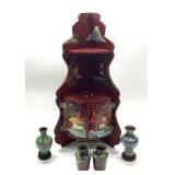 ASIAN FOLDING SHELF WITH 4 CLOISONNï¿½ VASE
