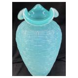 FENTON BLUE OPALESCENT BASKETWEAVE VASE, 8in H