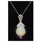 14KT WHITE GOLD OPAL, SAPPHIRE & DIAMOND PENDANT