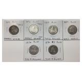 6-SEATED LIBERTY QUARTERS TYPES 1,2,3,RESUMED 1,4