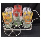 WIRE WAGON w 6 HAZEL ATLAS BACHELOR BUTTON GLASSES