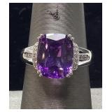 14KT WHITE GOLD AMETHYST & DIAMOND RING, SIZE