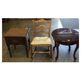 (3) LADDER BACK ROCKER, SINGLE DRAWER END TABLE,