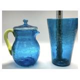 BLUE CRACKLE PITCHER WITH VASELINE HANDLE W/VASE