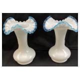 (2) 1940 FENTON AQUA CREST CRIMPED VASES, 8in H,