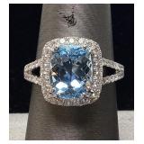 PLATINUM AQUAMARINE & DIAMOND RING, SIZE 7,