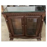 LIGHTED DARK WOOD CURIO CABINET, GLASS SHELVES