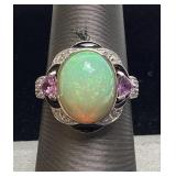 14KT WHITE GOLD OPAL, SAPPHIRE, & DIAMOND RING,