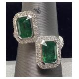 PLATINUM EMERALD & DIAMOND RING, SIZE 7.25,