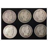 (6) 90% SILVER BARBER HALF DOLLARS, 1911,