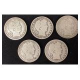(5) 90% SILVER BARBER HALF DOLLARS, 1909, 1909-O