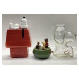 3 PC PEANUTS LOT, ANRI MUSIC BOX, 2 SNOOPY BANKS