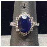 PLATINUM SAPPHIRE & DIAMOND RING, SIZE 7.25,