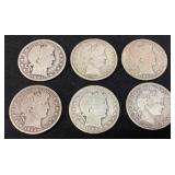 (6) 90% SILVER BARBER HALF DOLLARS 1901-p,