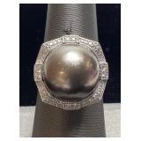 PLATINUM SOUTH SEA PEARL & DIAMOND RING, SIZE 7,