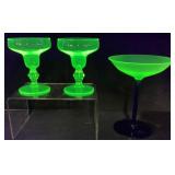 (3) VTG. URANIUM GLASS GOBLETS, 1 BLUE STEM