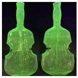 PAIR OF VTG. URANIUM GLASS VIOLIN BOTTLE VASES