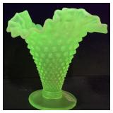 VTG. FENTON URANIUM GLASS HOBNAIL RUFFLED EDGE