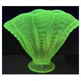 VTG. FENTON URANIUM GLASS HOBNAIL FAN VASE, 9in