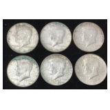 (6) 1964 SILVER KENNEDY HALF DOLLARS, 90% SILVER
