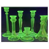 (7) VINTAGE URANIUM GLASS CANDLESTICKS