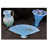 (3) FENTON BLUE OPALESCENT HOBNAIL ASHTRAY,