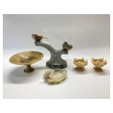 5 PC ALABASTER AND MARBLE BIRDS AND BIRDBATH