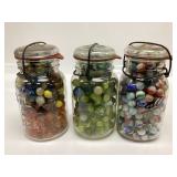 3 JARS OF ASSORTED VTG MARBLES SOME UV REACTIVE