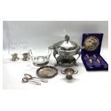SILVERPLATE LOT 13 PC CHAFING DISH, BRANDY SET,
