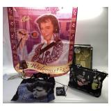 ELVIS MEMORABILIA LOT. FIGURINE, LAMP, HANDBAG,