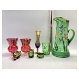 HAND PAINTED GLASS WARE, CANDLE HOLDER, VASE