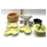 MISC. POTTERY PLANTER, PEAR SET, BOAT, FISH BOWL