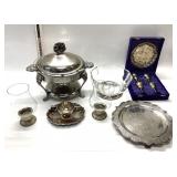 SILVER PLATE LOT, CHAFING DISH, BRANDY SET IN