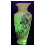 FENTON BURMESE URANIUM PEACOCK VASE, S.WATERS
