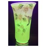 FENTON BURMESE URANIUM HUMMINGBIRD VASE, S.HART