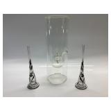 HURRICANE LAMP AND TWO BUDS VASES