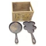 2 SMALL CAST IRON SKILLETS & SMALL WOOD CRATE