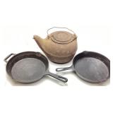 (3) CAST IRON TEA KETTLE & SKILLET PANS