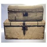2 ANTIQUE TRUNKS, ANIMAL HIDE AND CANVAS