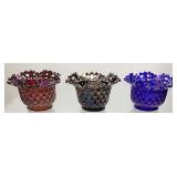 (3) FENTON BASKET WEAVE BOWLS, AMBERINA, COBALT