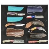 (6) ASSORTED DAMASCUS STEEL KNIVES w LEATHER CASES