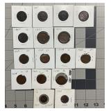 16 HALF, ONE, TWO AND THREE CENT COINS