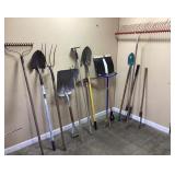 ASSORTED LANDSCAPING TOOLS, SHOVELS, RAKES, HAY