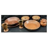 JUG TOWN POTTERY REDWARE BOWLS, CREAMER,