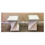 PAIR OF GLASS TOP END TABLES WITH CERAMIC SWIRL
