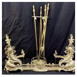 FRENCH ROCOCO STYLE BRASS FIREPLACE SET
