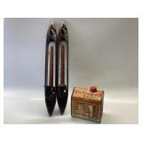 2 ANTIQUE WOODEN WEAVING SHUTTLE LOOMS AND 1987