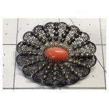 VTG ART NOUVEAU SILVER, RED CORAL BROOCH